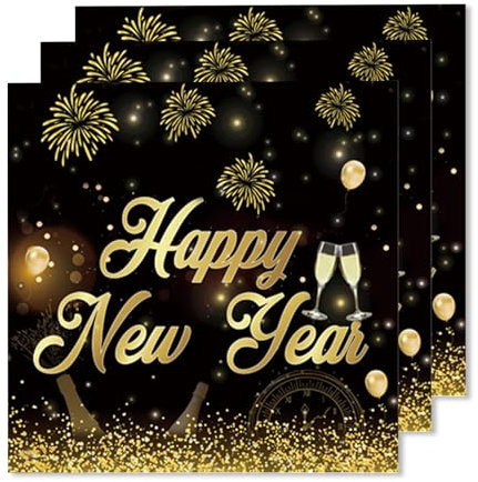 ParPix 20 Stück Silvester Servietten, 33x33cm Happy New Year Papierservietten,Serviettens Silvester Tischdeko, Servietten Schwarz Gold Silvesters Deko 2026,Silvesterdeko Neujahr Party Papierservietten