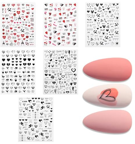 6 PCS Nagelsticker Selbstklebend Herzform Nagelaufkleber in Rot, Selbstklebend Design Nageldekoration Schwarz und Weiß für Valentinstag Glitzer Nail Art DIY Nagelkunst Nageldesign Zubehör
