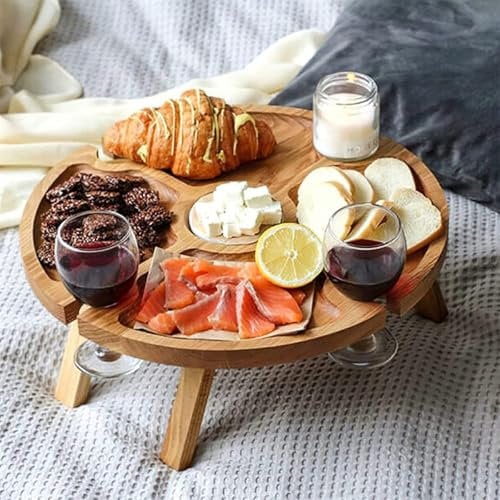 SGZYEZJS Wooden Folding Picnic Table with Wine Glass Holder - Portable Creative 2 in 1 Wine Glass Rack & Compartmental Dish for Cheese and Fruit for Outdoor