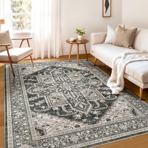 WITSHOCK Teppich Wohnzimmer 150x210 cm: Waschbarer Boho Teppich Schwarz, rutschfest, Kurzflor, Vintage Schlafzimmer, Küche Flur Esszimmer für Kinder & Haustiere Geeignet