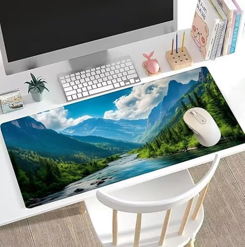 Verde Tappetino Mouse Gaming, Grande, XXL Tappetino Scrivania Montagna, Accessori Scrivania, Bordo Cucito Antiscivolo Mousepad, Migliora precisione e velocità, Ufficio Decorazioni 1600x800x3mm W5-392