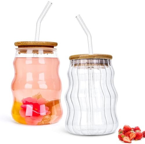 Prismoria Creative Drinking Glasses,500ml Wave Shaped Glass Cup Glossy Glass with Lids and Straws Bubble Drinking Glasses Tumblers Vintage Ribbed Glassware for Iced Latte Coffee Matcha Beer (Mixed)