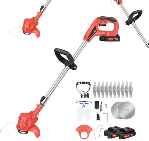 21V Cordless Grass Trimmer with Metal Blade, Garden Strimmer Telescopic Lightweight Grass Cutter with 10 X Blades, 90° Head Pivots, for Garden Clearing Weeds Flower Trees