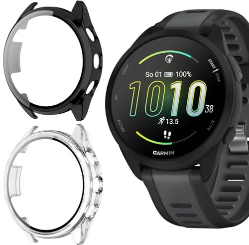 Vanrain Coque pour Garmin Forerunner 165, 2 Pièces Couverture Totale PC Coque Anti-Rayure Bumper Protecteur Étui con Protection écran Verre Trempé 9H Dureté Haute Définition, Transparent+Noir