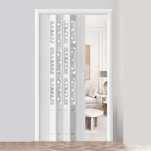 Jievmrs Falttür Falttür-Set mit Ahornblatt-Muster, PVC-Platte & Acrylfenster, Ziehharmonika-Falttor, Weiße Schiebetür für Zimmer/Flur(22x39in(56x99cm))