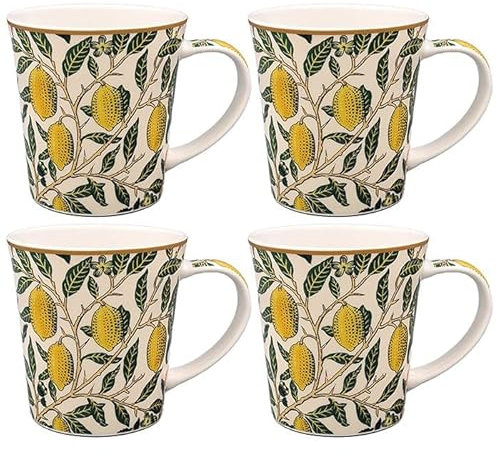 The Leonardo Collection Juego de 4 tazas de frutas William Morris, tazas de té y café para bebidas calientes | Tazas impresas de porcelana fina para cocina y hogar | Tazas de cerámica reutilizables