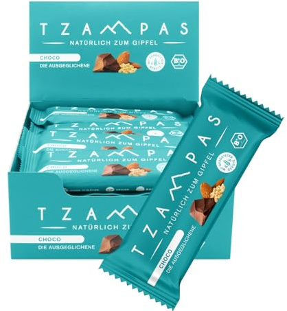 TZAMPAS Energieriegel Bio · Riegel mit dunkler Schokolade & Mandeln · Ideal für Sport & Fitness · Vegan, Clean Eating · 16 x 40g