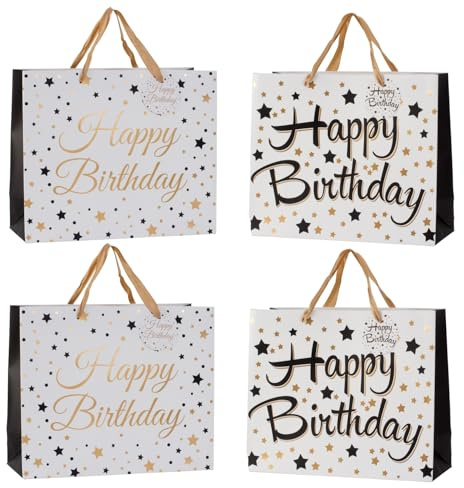 4er Set Geschenktüte Happy Birthday Schwarz Weiß Gold - Geschenkverpackung Geburtstag