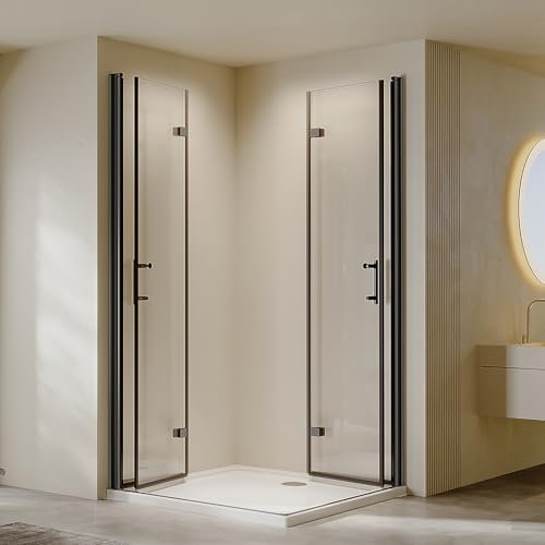 AmuseVera Duschkabine Schwarz 90X90 cm Eckeinstieg Doppelt Falttür Falttürkabine Duschtür Faltbar Dusche Duschabtrennung aus 6mm ESG-Sicherheitsglas mit Nano-Beschichtung Höhe 195 cm