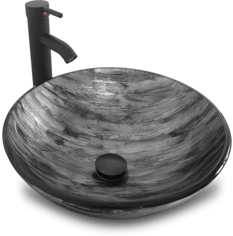 YU YUSING Lavabo Vasque à Poser Rond en Verre avec Ensemble de Robinets, Lave-Mains, pour Salle de Bain, Cuisine, WC d'invités, Gris Rond Moderne, 42 x 42 x 14 cm
