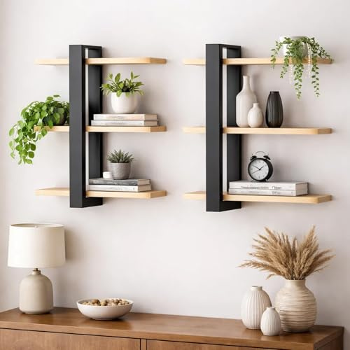 Generisch 2er Schweberegale Wandregal Holz Regale für wände Rustikales Abnehmbares Vintage Kleines Bücherregal Wand Hängeregal für Wohnzimmer Küche Arbeitszimmer Badezimmer Büro (Natur-Holz)