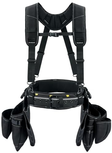 KUNN Tool Belt with Suspenders Professional Framer's Construction Rig with Suspenders and 22 Pockets for Carpenter, Electrician, Roofing,Black