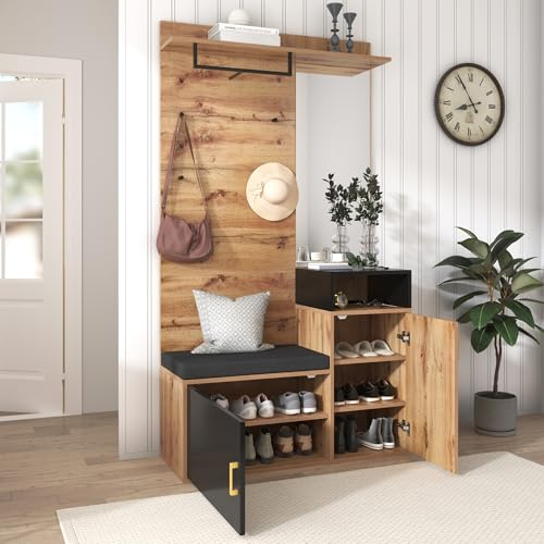 ECLIVON Garderobenset mit Spiegel und Haken, Wandgarderobe Garderoben Set mit Schuhschrank und Schuhbank, Flurgarderobe Set mit Schubladen & Türen, Kompaktgarderobe für Flur, 191,5x105x40cm, Schwarz