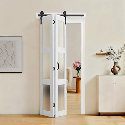 VEVOR Porta Scorrevole a Soffietto da 914 x 2134 x 35 mm, in MDF con Ante Scorrevoli a Soffietto in Vetro Temperato e Kit Ferramenta, Pannelli di Porta Preassemblati per Camera da Letto, Guardaroba