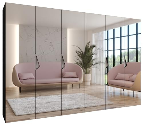MEBLE KRYSPOL - Kleiderschrank - Garderobenschrank - 300 cm x 202 x 52 cm - Schrank mit Kleiderstange und Spiegel, 6 Türen - für Schlafzimmer, Flur - SANDI, Schwarz, Griff Kaschmir