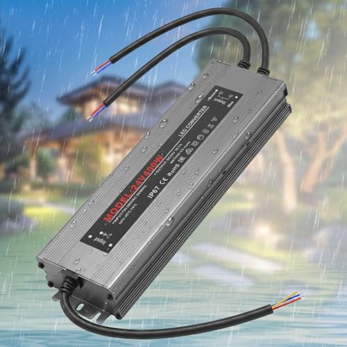 LED Trafo 24V 400W IP67 Wasserdicht, LED Netzteil Flackerfrei AC 190-265V 50/60Hz Transformator mit 2 Ausgängen, DC 24V 16.7A Spannungswandler für Außen LED Streifen & Beleuchtungskomponenten