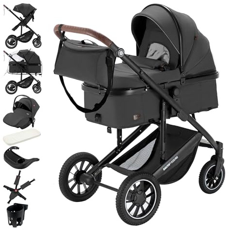 Daliya® FLEXI-PRO M 3in1 Kinderwagen & Buggy mit i-Size Babyschale, Viel Zubehör (Dunkelgrau Leinen)