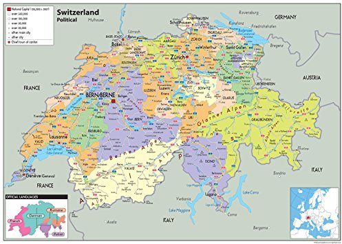 Schweiz Politische Karte – Papier laminiert A2 Size 42 x 59.4 cm