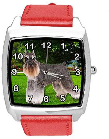 TAPORT® Quartz Watch RED Leather Band Square with Schnauzer Dog