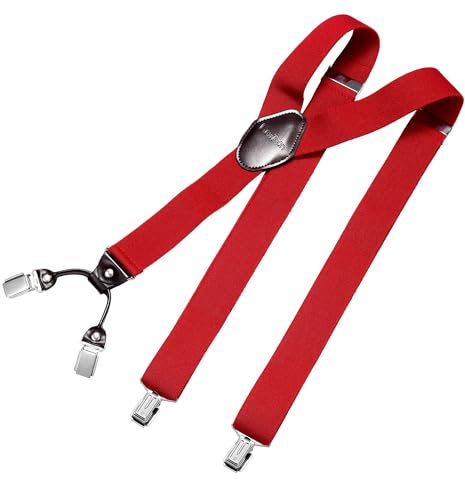 DonDon Hosenträger Herren extra stark dunkelrot 3,5 cm Hosenträger Herren breit mit brauem Leder in Y-Form lang - Starke Clips passend für Anzug Jeans Chinos Vintage Rockabilly Suspenders