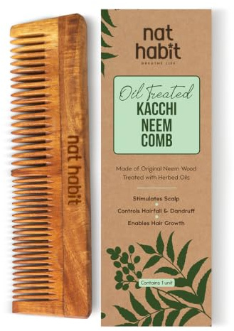 Nat Habit Kacchi Neem Holzkamm - eingeweicht in 17 Kräutern, Nehmen und Sesamöl für mehrere Aktionen - Entwirren, Frizz und Glanz, geeignet für alle Haartypen (Doppelzahn)