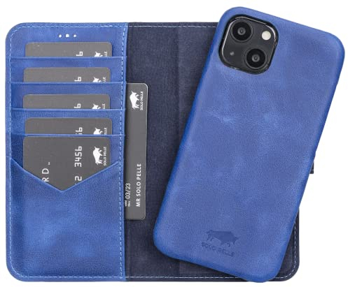 Solo Pelle Lederhülle kompatibel für iPhone 13 in 6.1 Zoll abnehmbare Hülle (2in1) inkl. Kartenfächer für das original Apple iPhone 13 (Vollleder Vintage Blau)
