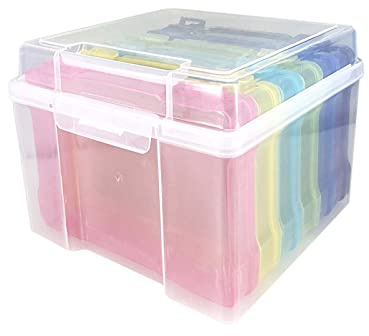 ASIYUN Photo Storage Box, 5 x 7 Greeting Card Organizer, Main Container with 6 Organization Cases for Birthday Get Well Cards, Photos, Crafts, Scrapbooking, Paper, Stickers(Color)