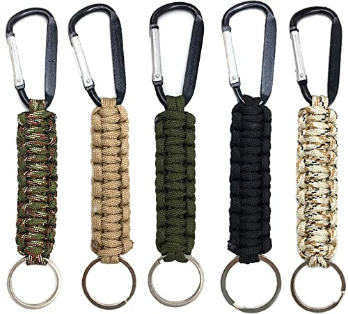 Kaxich 5 Stück Paracord Schlüsselanhänger mit Karabiner, Geflochtene Schlüsselband Ring-Haken-Clip Schlüsselbund Schlüsselring für Schlüssel, Messer, Taschenlampe, Camping, Wandern, Abenteuer, Jagen