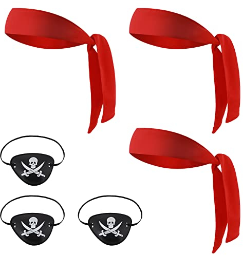 Yolev 6 Stück Piraten Kleidungs Zubehör Set Vintage Piraten Accessoires für Damen Inklusive 3 Rote Krawatten Stirnbänder Piraten Kopftuch 3 schwarze Piratenaugen Augenklappe Pirat kinder Halloween