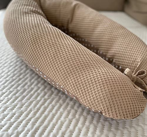 LOOLAY Schwangerschaftskissen - Stillkissen 170 cm - Seitenschläferkissen 100% Baumwolle - mit Abnehmbarem Bezug - Ergonomisches Schwanger Kissen für Schlafen (Waffel Taupe Cappuccino/Punkte Braun)