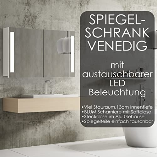 HAPA Design Spiegelschrank 100cm - Einfache Montage, in der EU produziertes Qualitätsprodukt, seitlich integriertes LED Licht, Steckdose und Schalter, weiß