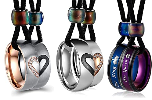 Aeici Couple Necklace Stainless Steel Heart Pendant for Him and Her Black Rope Free Engrave Cubic Zirconia Matching Set Rings
