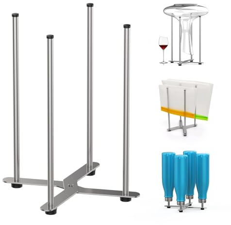 SHILFID Multi-Purpose Drying Rack, Collapsible Wine Decanter & Bottle Stand, Silver Stainless Steel, 4 Levels
