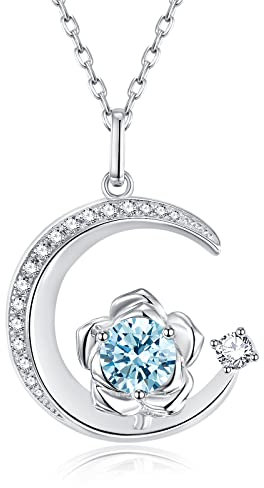 925 Sterling Silber März Geburtsstein Erstellt Aquamarin Halskette Rose & Mond Anhänger Blauer Edelstein Geburtstag Jahrestag Schmuck Geschenke für Frauen Mädchen Mutter Tochter, verstellbare Kette