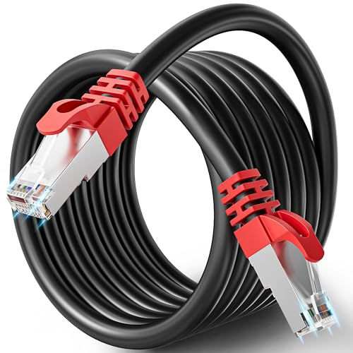 Cable Ethernet 15 Metros, Cat 7 Cable de Red Lan 15m Alta Velocidad 10Gbps 600MHz, Cable de Internet Exterior Interior Blindado SFTP Gigabit Negro RJ45 para Switch Router Modem