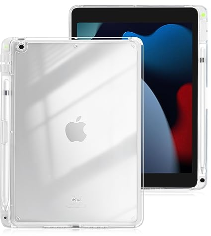 4UBonLife Custodia per iPad 9a 8a 7a generazione 10,2 pollici 2021/2020/2019 con Portapenne, Cover protettiva Trasparente Sottile Leggero, Copertina Posteriore Rigido Chiara Antiurto per iPad 7 8 9