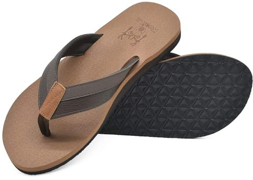 KuaiLu Tongs Hommes été Cuir en Tissu Plage Flip Flops Confort Soutien Voute Plantaire Tongue Sandales Orthopedique Mousse de Yoga Piscine Antidérapantes Douche Claquette Kaki marron 45