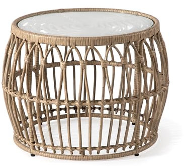 Muse & Lounge Co. Ysar Table Basse Ronde en rotin bohème avec Dessus en Verre trempé de 5 mm, résistante aux intempéries et à la Rouille, Meubles côtiers fabriqués à la Main pour terrasse, Bord de
