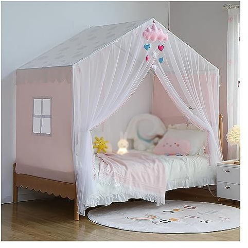 Kinder-Himmelbett-Vorhänge, Queen-Size-Bett, 4 Ecken, Pfosten-Himmelbett-Vorhänge für Jungen und Mädchen, Moskitonetz, Bettrahmen-Vorhang, Baldachin, Schloss-Stil (Farbe: Rosa, Grö