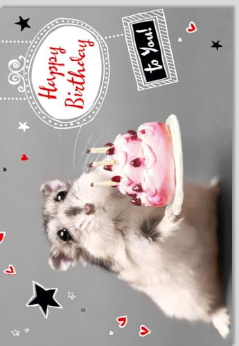 Lustige Geburtstagskarte mit süßer Maus, rosa Törtchen, Happy Birthday Schriftzug sowie Herzchen & Sternen. Perfekt für Freunde und Familie, inklusive Umschlag.