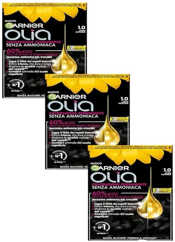Garnier Olia Midnight Tinta Capelli, Colorazione Permanente Senza Ammoniaca, Copre il 100% dei Capelli Bianchi, Con Oli di Fiore di Origine Naturale, Formula Vegana, Nero Intenso (Confezione da 3)