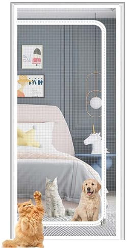 Custom Size Cat Screen Door, Thickened Cat Resistant Partition Mesh Screen Door with Zipper for Living Room Bedroom Patio Kitchen, Anti-Insect Flies (D-Zipper Opening,White)