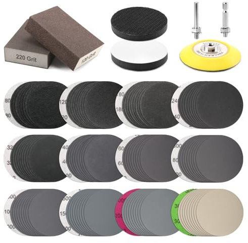 POLIWELL 120pcs 3inch Sanding Discs Pad with 2Pcs Sanding Sponge Buffing Blocks