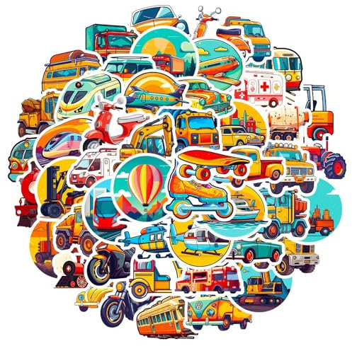 Beiyan 50 Stück Auto Sticker,Sticker Auto,Auto Thema Aufkleber Kinder,Sticker Kinder,Motorräder,Autos,Verschiedene Fahrzeuge,Aufkleber Wasserfest,Sticker Jungen,Cars Sticker für Skateboards,Bottle