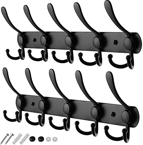 GlazieVault Coat Hooks for Wall - Stainless Steel Coat Racks (2 Pack) - Heavy Duty Coat Hook Wall Mounted - Premium Design Rust Free Coat Hanger for Clothes (Black Tri)