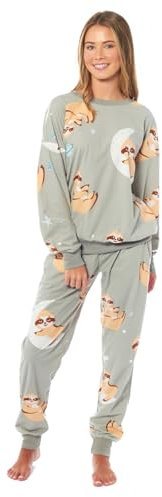 BLOOM BLENDS Pigiama da donna in pile stampato, morbido e caldo, a maniche lunghe, con stampa animalier, Bradipo, Taglia unica