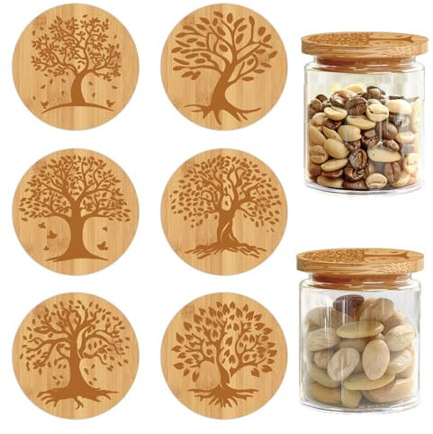 craspire Couvercles en Bois de Bambou pour Pots de Yaourt pour 2 Pot de Conserve Arbre de Vie Bouchons Décoratifs en Bois Naturel Réutilisables avec Anneaux en Silicone Hermétiques Lot