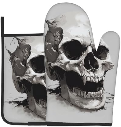 Horror Skull bedruckte Ofenhandschuhe & Topflappen 2er Set, rutschfeste Grillhandschuhe und Topflappen für Küche Kochen Backen Grillen