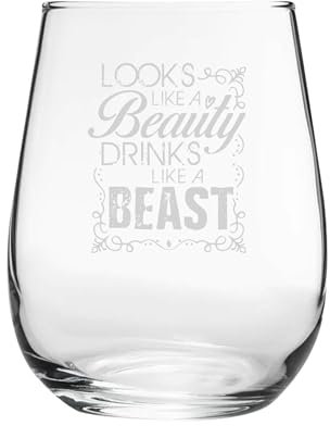 Looks Like A Beauty, Drinks Like A Beast - Engraved Novelty Stemless Wine Gin Tumbler Glass | Funny Wine Glasses, Wine Lover Gift, Cocktail Cup, Wine Gifts
