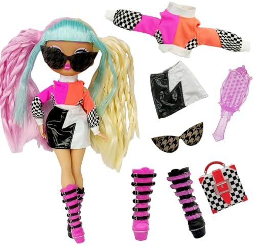 6 Stück Neu Puppenkleidung und Zubehör, Coole Mode Puppen Kleidung für 20-28 cm Mädchenpuppen, Oberteil, Lederrock, Schuhe, Tasche, Sonnenbrille, Kamm für 9-11 Zoll Puppen (Puppe Nicht Enthalten)